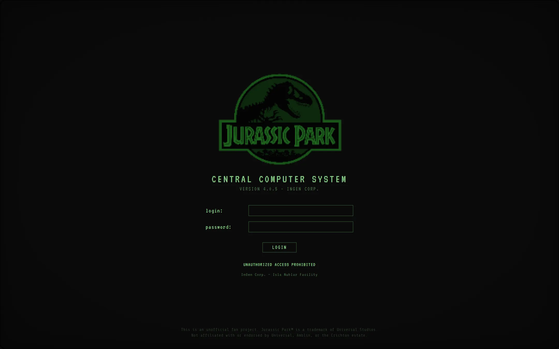 The InGen Central Computer System login screen